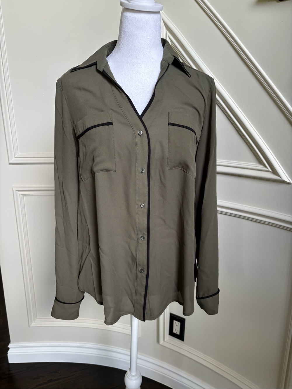 Candie's Olive Green Button-Front Shirt with Black Trim